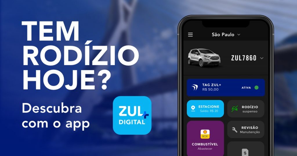 Banner publicitario com foto do app Zul+ ao lado texto "Tem rodízio hoje? Descubra com o app Zul+".