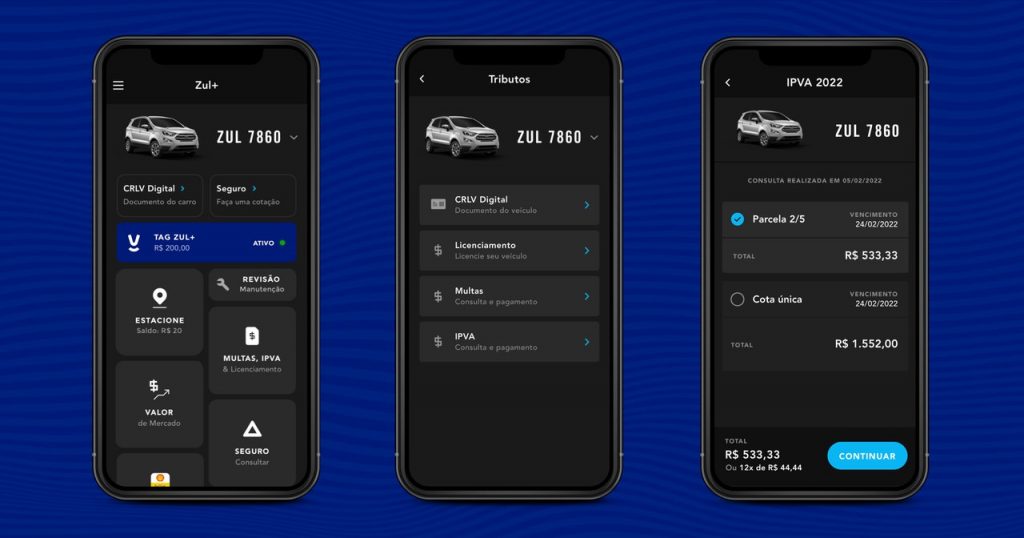 telas do app zul+ no fluxo de pagamento do ipva 2022