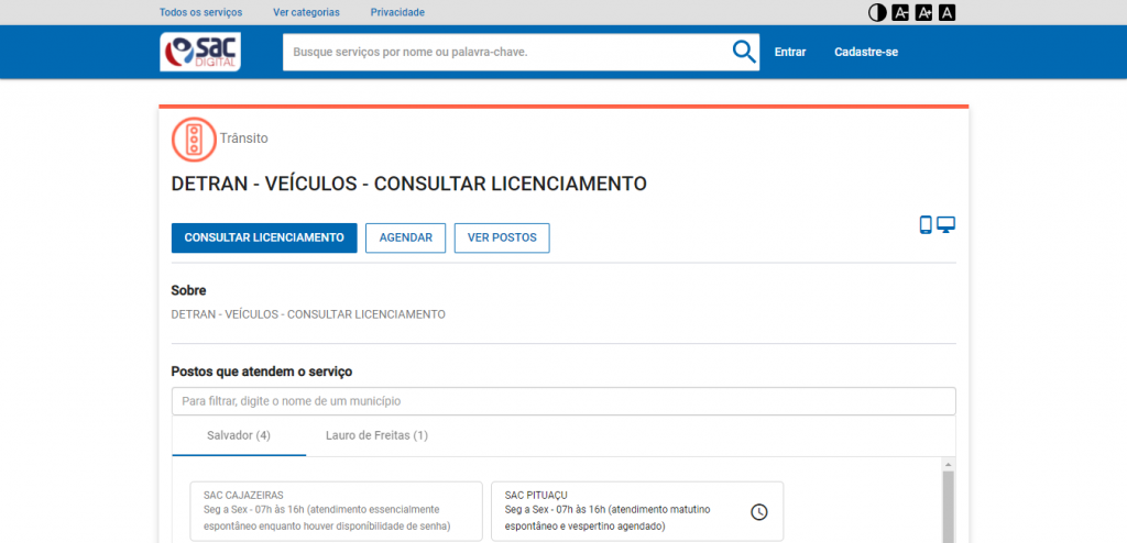 imagem da tela do sac digital para realizar licenciamento 2022 na bahia