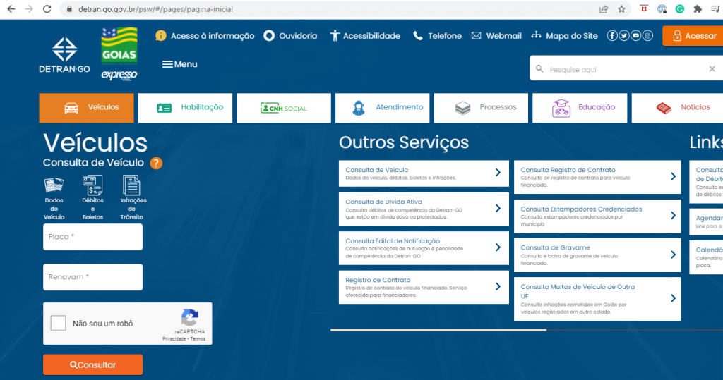 imagem do portal de serviços do Detran de Goiás em consulta de débitos